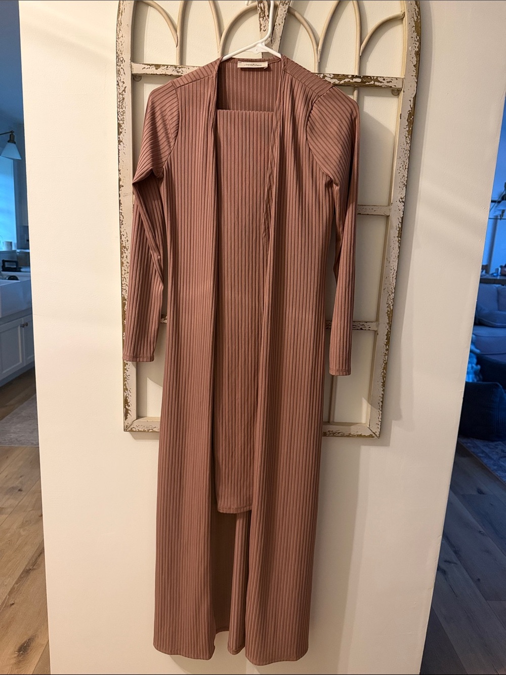 Long Ribbed Open-Front Duster and strapless dress  - Mauve- Maternity